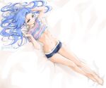  1girl arm_up artist_name banned_artist bare_legs barefoot bed_sheet blue_eyes blue_hair blue_shorts breasts chaesu commentary forehead hand_up highres long_hair lying micro_shorts midriff minah_(chaesu) navel on_back original shirt shorts small_breasts solo stomach striped striped_shirt thighs twitter_username 