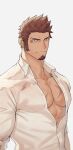  1boy 47 abs alternate_costume bara blood blue_eyes brown_hair bruise bruise_on_face bruised_eye collared_shirt facial_hair fate/grand_order fate_(series) frown glaring goatee highres injury large_pectorals looking_at_viewer male_cleavage male_focus mature_male muscular muscular_male napoleon_bonaparte_(fate) partially_unbuttoned pectorals scar scar_on_chest serious shirt short_hair sideburns solo upper_body white_shirt 