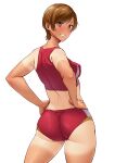  1girl ac_butsupa ass back breasts brown_hair covered_nipples eyebrows_visible_through_hair grin hands_on_hips highres looking_back medium_breasts original short_hair sideboob smile solo standing tan tanline tomboy track_uniform 