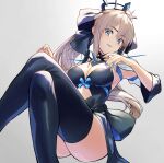  1girl bangs black_bow black_dress black_footwear blue_eyes boots bow braid breasts center_opening cleavage crossed_legs dress fate/grand_order fate_(series) french_braid grey_hair hair_bow highres large_breasts long_hair long_sleeves looking_at_viewer morgan_le_fay_(fate) ponytail sidelocks solo spikes thigh_boots thighhighs thighs tiara torimahera two-tone_dress very_long_hair white_dress 