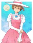  1girl bangs blue_background blunt_bangs brooch brown_eyes brown_hair dress frills gundam hat jewelry kei-co looking_to_the_side moon pink_dress short_hair sochie_heim solo turn_a_gundam 