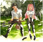  1boy 1girl alternate_costume axe black_hair cat claude_von_riegan fire_emblem fire_emblem:_three_houses gotou_(pixiv37128) hilda_valentine_goneril holding holding_axe holding_weapon long_hair pink_hair sitting sitting_on_ground weapon 