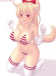 1girl animal_ear_fluff animal_ears bangs bare_shoulders bikini blonde_hair blush bow breasts cat_ears cat_girl cat_tail cleavage collarbone elbow_gloves eyebrows_visible_through_hair full_body gloves hair_bow hair_ornament hands_up highres kneeling large_breasts long_hair looking_at_viewer navel nottytiffy open_mouth original patreon_username ponytail red_bow red_eyes sideboob simple_background smile solo striped striped_bikini swimsuit tail thighhighs thighs tiffy_(nottytiffy) white_background white_gloves white_legwear 