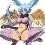 1girl armor bangs bikini black_scarf blue_eyes blue_hair breasts claws commentary_request digimon digimon_(creature) eyebrows_visible_through_hair facial_mark feathered_wings garter_straps groin hair_between_eyes hair_wings hand_up highres large_breasts long_hair looking_at_viewer mask mouth_mask navel partial_commentary purple_bikini purple_legwear rinouru scarf shoulder_armor shutumon sidelocks simple_background skindentation solo spread_legs squatting stomach swimsuit thighhighs white_background wings 