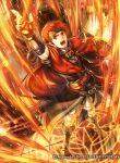  1boy arm_up bangs belt boots cape company_name fire fire_emblem fire_emblem:_radiant_dawn fire_emblem_cipher headband holding holding_weapon indoors magic male_focus official_art open_mouth red_eyes red_hair shorts solo takaya_tomohide tormod_(fire_emblem) weapon 