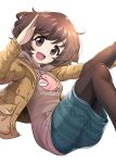  1girl :d absurdres akiyama_yukari anglerfish bangs black_legwear blue_skirt brown_coat brown_eyes brown_hair casual coat drawstring emblem english_text eyebrows_visible_through_hair floating girls_und_panzer grey_shirt highres hood hood_down hoodie legs_up long_sleeves looking_at_viewer medium_skirt messy_hair open_clothes open_coat open_mouth pantyhose print_skirt salute shiina_excel shirt short_hair simple_background skirt smile solo white_background 