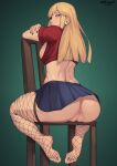  1girl absurdres anus ass black_nails blonde_hair blue_eyes blush breasts chair cleft_of_venus eyepatch fishnet_legwear fishnets highres long_hair looking_at_viewer midriff nidhoggn original pleated_skirt pussy sitting skirt solo thighhighs 