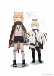  1boy 1girl ? animal_ears arknights bandaged_leg bandages black_cloak black_footwear black_gloves black_pants black_shorts blonde_hair blue_eyes chinese_commentary chinese_text cloak crop_top detached_wings energy_wings executor_(arknights) fingerless_gloves fox_ears fox_girl fox_tail full_body gloves hair_ornament hairclip halo hand_grab highres jacket looking_at_viewer midriff navel open_mouth orange_eyes orange_hair oripathy_lesion_(arknights) pants prosthesis prosthetic_arm sandals shirt short_hair shorts simple_background speech_bubble spoken_question_mark standing sucrying tail tooth_necklace vermeil_(arknights) weibo_username white_background white_jacket white_shirt wings younger 