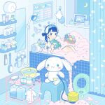  1girl absurdres bangs bathtub black_eyes black_hair blue_theme book bottle bubble candle cinnamoroll crescent_moon cup drink highres holding holding_book merchandise moon original rubber_duck sanrio shower_curtain solo window yoshimon 