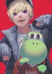  1boy absurdres blonde_hair ear_piercing grey_jacket grey_shirt hat highres huge_filesize jacket jewelry looking_at_viewer male_focus mario_(series) necklace open_mouth original piercing red_background red_eyes ritao_kamo shirt short_hair signature simple_background sleeves_past_fingers sleeves_past_wrists smile yoshi 
