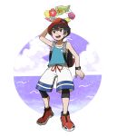  1boy :d backpack bag bangs black_bag black_hair black_legwear blue_shirt bracelet cloud comfey elio_(pokemon) full_body gen_7_pokemon hat jewelry kokesa_kerokero leggings looking_up male_focus on_head open_mouth orange_headwear pokemon pokemon_(creature) pokemon_(game) pokemon_on_head pokemon_usum red_footwear shirt shoes short_hair shorts sky sleeveless sleeveless_shirt smile standing tongue upper_teeth white_shorts z-ring 