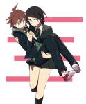  1boy 1girl ahoge aoki_shizumi black_hair black_legwear blood blush brown_hair carrying commentary_request danganronpa:_trigger_happy_havoc danganronpa_(series) freckles green_eyes grey_eyes holster hood hoodie ikusaba_mukuro jacket knife naegi_makoto necktie pink_blood pleated_skirt princess_carry revision running school_uniform scratches serious shoes short_hair simple_background skirt smile sneakers socks thigh_holster 