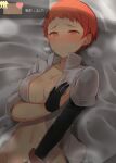  1girl black_gloves blush breasts cleavage closed_mouth collared_shirt commentary_request fire_emblem fire_emblem:_three_houses gloves high_collar implied_masturbation large_breasts leonie_pinelli lying nose_blush on_back partially_fingerless_gloves red_eyes red_hair see-through shin_(new) shirt short_hair solo sweat white_shirt 