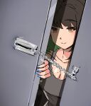  1girl black_hair blue_nails breaking_and_entering breasts brown_eyes cleavage colored_inner_hair door door_chain empty_eyes eyebrows_visible_through_hair fingernails green_eyes locked_outside miru_(ormille) mole mole_on_breast multicolored_hair original ormille shaded_face smile solo 