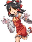  1girl animal_ears ascot bangs black_hair blush bow brown_eyes cat_ears commentary_request cookie_(touhou) detached_sleeves eyebrows_visible_through_hair fang foot_out_of_frame frilled_bow frilled_hair_tubes frilled_skirt frills hair_bow hair_tubes hakurei_reimu highres kemonomimi_mode looking_at_viewer mary_janes medium_hair nob1109 open_mouth paws red_bow red_footwear red_shirt red_skirt ribbon-trimmed_sleeves ribbon_trim running sananana_(cookie) sarashi shirt shoes simple_background skirt skirt_set sleeveless sleeveless_shirt socks solo touhou white_background white_legwear white_sleeves yellow_neckwear 
