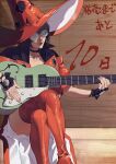 1girl bangs black_gloves black_hair enryoooo fingerless_gloves glasses gloves guilty_gear guilty_gear_strive guitar hat highres i-no instrument jacket medium_hair music playing_games playing_instrument plectrum red_headwear red_jacket red_legwear thighhighs thighs witch_hat 