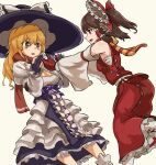  2girls bangs benikurage_(cookie) black_gloves black_headwear black_skirt blonde_hair bow breasts brown_eyes brown_hair cleavage cleavage_cutout clothing_cutout commentary_request cookie_(touhou) detached_sleeves dress eyebrows_visible_through_hair fang feet_out_of_frame game_cartridge gift gloves hair_between_eyes hair_bow hakurei_reimu hat hat_bow highres kirisame_marisa long_hair looking_at_another mars_(cookie) medium_breasts medium_hair mittens multiple_girls nob1109 open_mouth orange_scarf partially_fingerless_gloves ponytail purple_ribbon red_bow red_gloves red_scarf red_shirt red_skirt ribbon sarashi scarf shirt short_ponytail simple_background skirt sleeveless sleeveless_shirt striped striped_scarf touhou white_background white_bow white_dress white_sleeves witch_hat yellow_eyes 