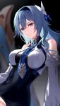  1girl black_hairband blue_hair blue_neckwear breasts closed_mouth covered_navel eula_lawrence eyebrows_visible_through_hair eyes_visible_through_hair genshin_impact hair_ornament hairband highres hoojiro looking_at_viewer medium_breasts necktie orange_eyes short_hair solo 