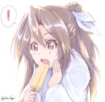  ! 1girl alternate_costume brown_eyes brown_hair chicken99 commentary_request eating hand_on_own_face high_ponytail highres kantai_collection long_hair omelet open_mouth simple_background solo spoken_exclamation_mark stick sweater tamagoyaki twitter_username upper_body white_background white_sweater zuihou_(kancolle) 