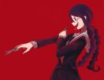  1girl :d aoki_shizumi bangs black_hair black_serafuku black_skirt braid brown_hair commentary_request cowboy_shot danganronpa:_trigger_happy_havoc danganronpa_(series) from_side fukawa_touko genocider_shou glasses holding knife long_hair long_sleeves long_tongue open_mouth outstretched_arm pleated_skirt profile red_background red_eyes red_theme sailor_collar school_uniform scissors serafuku skirt smile solo tongue tongue_out twin_braids weapon 