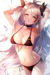  1girl :o arms_behind_head arms_up azur_lane bangs bikini black_bikini black_choker black_ribbon breasts choker cleavage collarbone commentary_request cowboy_shot eyebrows_visible_through_hair hair_ribbon halter_top halterneck highres large_breasts long_hair looking_at_viewer multi-strapped_bikini multicolored_hair navel official_alternate_costume prinz_eugen_(azur_lane) prinz_eugen_(unfading_smile)_(azur_lane) red_hair ribbon side-tie_bikini silver_hair simple_background solo standing stomach streaked_hair string_bikini swimsuit two_side_up underboob very_long_hair white_background yellow_eyes yk_(pixiv43531291) 