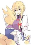 2girls :d animal_ears bangs blonde_hair breast_press breasts commentary deetamu eye_contact eyebrows_visible_through_hair fox_ears fox_girl fox_tail hair_between_eyes hand_on_another&#039;s_head highres hug large_breasts long_hair long_sleeves looking_at_another multiple_girls multiple_tails no_hat no_headwear open_mouth purple_eyes short_hair simple_background smile tail touhou translated white_background wide_sleeves 