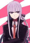  1girl aoki_shizumi bangs black_gloves black_jacket black_ribbon blunt_bangs braid closed_mouth commentary_request crossed_arms danganronpa:_trigger_happy_havoc danganronpa_(series) eyebrows_visible_through_hair frown gloves hair_ornament hair_ribbon jacket kirigiri_kyouko long_hair long_sleeves looking_at_viewer necktie open_clothes pink_background pink_ribbon purple_eyes purple_hair ribbon shirt side_braid single_braid solo two-tone_background upper_body white_shirt 