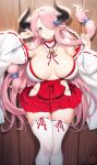  1girl absurdres bare_shoulders bell blue_eyes blush braid breasts cleavage closed_mouth curvy detached_sleeves draph granblue_fantasy hair_ornament hair_over_one_eye highres horns japanese_clothes large_breasts long_hair long_sleeves looking_at_viewer mochirong narmaya_(granblue_fantasy) one_eye_covered pink_hair red_skirt skirt smile solo thighhighs white_legwear wide_sleeves 