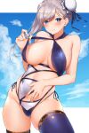  1girl bangs blue_eyes blue_legwear blue_swimsuit blush breasts bun_cover cleavage closed_mouth criss-cross_halter fate/grand_order fate_(series) grey_hair hair_bun hair_ribbon halterneck hechi_(hechi322) highres large_breasts long_hair looking_at_viewer miyamoto_musashi_(fate) miyamoto_musashi_(swimsuit_berserker)_(fate) ribbon side_bun sky swept_bangs swimsuit thighhighs white_swimsuit 