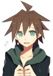 1boy ahoge aoki_shizumi bangs blush brown_hair collarbone commentary_request danganronpa:_trigger_happy_havoc danganronpa_(series) flying_sweatdrops green_eyes grey_background hair_between_eyes hands_up hood hoodie jacket looking_at_viewer male_focus naegi_makoto open_mouth shirt short_hair simple_background smile solo sweatdrop upper_body white_background 