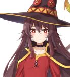  1girl blush brown_hair cape cosplay dress genshin_impact hat highres hu_tao_(genshin_impact) kono_subarashii_sekai_ni_shukufuku_wo! long_sleeves looking_at_viewer megumin megumin_(cosplay) parted_lips red_dress red_eyes simple_background solo suke_(momijigari) symbol-shaped_pupils twintails upper_body white_background witch_hat 