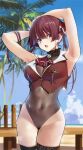  1girl absurdres bangs bare_shoulders blush breasts hair_ribbon heterochromia highres hololive houshou_marine jikatarou large_breasts long_hair looking_at_viewer open_mouth red_eyes red_hair red_ribbon ribbon solo thighs twintails virtual_youtuber yellow_eyes 