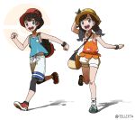  1boy 1girl :d bag black_hair blue_shirt bracelet braid bucket_hat clenched_hands collarbone commentary_request elio_(pokemon) green_footwear hat highres jewelry knees leg_up leggings open_mouth pokemon pokemon_(game) pokemon_usum red_headwear running selene_(pokemon) shirt shoes shorts shoulder_bag sleeveless sleeveless_shirt smile standing tank_top teru_zeta tongue twin_braids upper_teeth white_shorts z-ring 