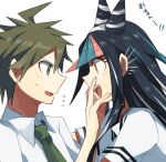  1boy 1girl :d ahoge aoki_shizumi bangs black_hair blue_hair blush brown_hair commentary_request danganronpa_(series) danganronpa_2:_goodbye_despair ear_piercing eye_contact eyebrows_visible_through_hair flying_sweatdrops green_eyes grey_background hair_horns hand_on_another&#039;s_face hinata_hajime large_hands long_hair looking_at_another mioda_ibuki multicolored_hair necktie open_mouth piercing pink_eyes pink_hair red_hair sailor_collar school_uniform short_sleeves smile striped sweatdrop translation_request white_background white_hair 