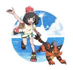  1girl alolan_exeggutor alolan_form arm_up bag bangs beanie bracelet clenched_hand cloud collarbone floral_print gen_7_pokemon green_shorts hat highres jewelry knees kokesa_kerokero leg_up open_mouth pokemon pokemon_(creature) pokemon_(game) pokemon_sm red_headwear selene_(pokemon) shirt shoes short_shorts short_sleeves shorts shoulder_bag silhouette sky smile sneakers standing standing_on_one_leg t-shirt tied_shirt tongue torracat upper_teeth z-ring 