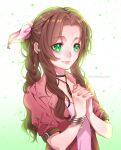  1girl aerith_gainsborough bangs black_ribbon bow bracelet brown_hair choker closed_mouth eyebrows_visible_through_hair final_fantasy final_fantasy_vii green_eyes hair_bow hair_intakes hands_clasped jacket jewelry long_hair open_clothes open_jacket own_hands_together pink_bow pink_shirt red_jacket ribbon ribbon_choker shiny shiny_hair shirt short_sleeves smile solo tabby_chan upper_body white_background 