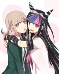  2girls :d :o aoki_shizumi bangs black_hair black_nails blue_hair blush breasts brown_eyes commentary_request danganronpa_(series) danganronpa_2:_goodbye_despair dress_shirt drooling eyebrows_visible_through_hair green_jacket grey_background jacket light_brown_hair lip_piercing long_hair looking_at_viewer medium_breasts mioda_ibuki multicolored_hair multiple_girls nail_polish nanami_chiaki open_mouth piercing pink_hair saliva school_uniform serafuku shirt short_sleeves smile upper_body upper_teeth white_hair white_shirt 