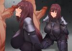  1boy 1girl armor arms_behind_back bangs blush bodysuit breasts censored clenched_teeth closed_mouth commentary_request covered_navel erection fate/grand_order fate_(series) hair_between_eyes hair_intakes imminent_fellatio kneeling large_breasts large_penis long_hair looking_at_another mosaic_censoring nude out_of_frame pauldrons penis purple_bodysuit purple_hair red_eyes sakanaaj1 scathach_(fate) scathach_(fate)_(all) shoulder_armor standing teeth testicles 