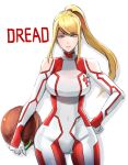  1girl blonde_hair blue_eyes bodysuit breasts butcha-u helmet highres large_breasts long_hair looking_at_viewer metroid metroid_dread mole mole_under_mouth ponytail samus_aran simple_background skin_tight smile solo zero_suit 