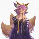  1girl animal_ear_fluff animal_ears artist_request bell blue_kimono breasts cleavage crown eyebrows_visible_through_hair fate/grand_order fate_(series) fox_ears fox_girl fox_tail hair_between_breasts highres japanese_clothes kimono large_breasts long_hair looking_at_viewer multiple_tails off_shoulder pink_hair simple_background solo tail tamamo_(fate)_(all) tamamo_no_mae_(fate) very_long_hair white_background yellow_eyes 