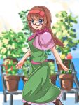  1girl bangs blue_eyes blurry blurry_background boots brown_footwear brown_hair capelet commentary_request cookie_(touhou) dress eyebrows_visible_through_hair feet_out_of_frame flower food-themed_hair_ornament glasses green_dress hair_ornament hairband highres ichigo_(cookie) long_hair looking_at_viewer neckerchief nob1109 open_mouth pink_capelet pink_neckwear pink_sash plant potted_plant red-framed_eyewear red_flower red_hairband sash semi-rimless_eyewear solo strawberry_hair_ornament under-rim_eyewear yellow_flower 