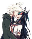  1boy 1girl aoki_shizumi bangs black_hair black_nails blush closed_eyes collarbone commentary_request danganronpa_(series) danganronpa_2:_goodbye_despair fingerless_gloves foaming_at_the_mouth from_side gloves green_jacket hair_horns hetero hug jacket komaeda_nagito long_hair messy_hair mioda_ibuki multicolored_hair nail_polish no_pupils piercing pink_eyes pink_hair sailor_collar school_uniform serafuku shiny shiny_hair shirt short_hair smile striped striped_gloves upper_body white_hair white_shirt 