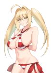  1girl absurdres ahoge arms_behind_back bangs bare_shoulders bikini blonde_hair blush breasts cleavage collarbone crimecrime criss-cross_halter earrings fate/grand_order fate_(series) green_eyes hair_between_eyes hair_intakes halterneck highres jewelry large_breasts long_hair looking_at_viewer navel nero_claudius_(fate)_(all) nero_claudius_(swimsuit_caster)_(fate) red_bikini side-tie_bikini solo striped striped_bikini swimsuit twintails 