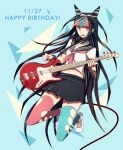  1girl :o aoki_shizumi black_hair blue_legwear commentary_request danganronpa_(series) danganronpa_2:_goodbye_despair dated ear_piercing gloves guitar hair_cones hair_horns happy_birthday holding instrument jewelry long_hair mioda_ibuki mismatched_legwear multicolored_hair navel piercing pink_eyes pink_hair pleated_skirt red_eyes red_legwear revision scar school_uniform serafuku single_glove skirt smile solo striped thighhighs torn_clothes torn_legwear 