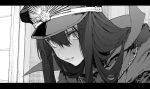  1girl bangs cape chouonsoku-jiisan face fate/grand_order fate_(series) greyscale hair_between_eyes hat high_collar highres letterboxed long_hair looking_at_viewer military_hat monochrome oda_nobunaga_(fate) oda_nobunaga_(fate)_(all) oda_uri parted_lips peaked_cap sidelocks 