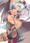 1girl arm_up armlet blue_eyes breasts circlet cleavage cocoa_(cafe-hotcocoa) dark-skinned_female dark_skin detached_sleeves fingernails head_wings large_breasts long_hair looking_at_viewer navel ponytail sennen_sensou_aigis sharp_fingernails silver_hair solo thighlet 