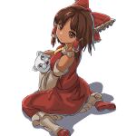  1girl animal bangs benikurage_(cookie) bow breasts brown_eyes brown_hair cat closed_mouth commentary_request cookie_(touhou) detached_sleeves eyebrows_visible_through_hair frilled_bow frills full_body hair_bow hakurei_reimu highres holding holding_animal holding_cat looking_at_viewer looking_back manatsu_no_yo_no_inmu medium_breasts medium_hair miura_cat nob1109 parted_bangs red_bow red_footwear red_shirt red_skirt shirt shoes simple_background sitting skirt sleeveless sleeveless_shirt socks touhou white_background white_cat white_legwear white_sleeves 