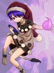  1girl bangs black_capelet book capelet commentary_request doremy_sweet dream_soul dress eyebrows_visible_through_hair full_body hair_between_eyes hat highres holding holding_book looking_at_viewer nightcap nob1109 open_mouth pom_pom_(clothes) purple_eyes purple_hair short_hair short_sleeves socks solo tail tapir_tail touhou white_dress white_legwear 