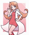  1girl blue_eyes breasts dress english_commentary feet_out_of_frame highres jacket long_hair mona_(warioware) open_clothes open_jacket orange_hair pink_background red_dress short_dress small_breasts smile wannabepyx warioware waving white_jacket 