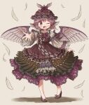  1girl ;d arinu bangs bird_wings bow bowtie brown_background brown_eyes brown_footwear brown_headwear dress eyebrows_visible_through_hair feather_dress feathers full_body high_heels highres long_sleeves looking_at_viewer mystia_lorelei one_eye_closed open_mouth pink_hair purple_bow purple_dress purple_neckwear short_hair simple_background smile solo standing touhou wide_sleeves winged_hat wings 